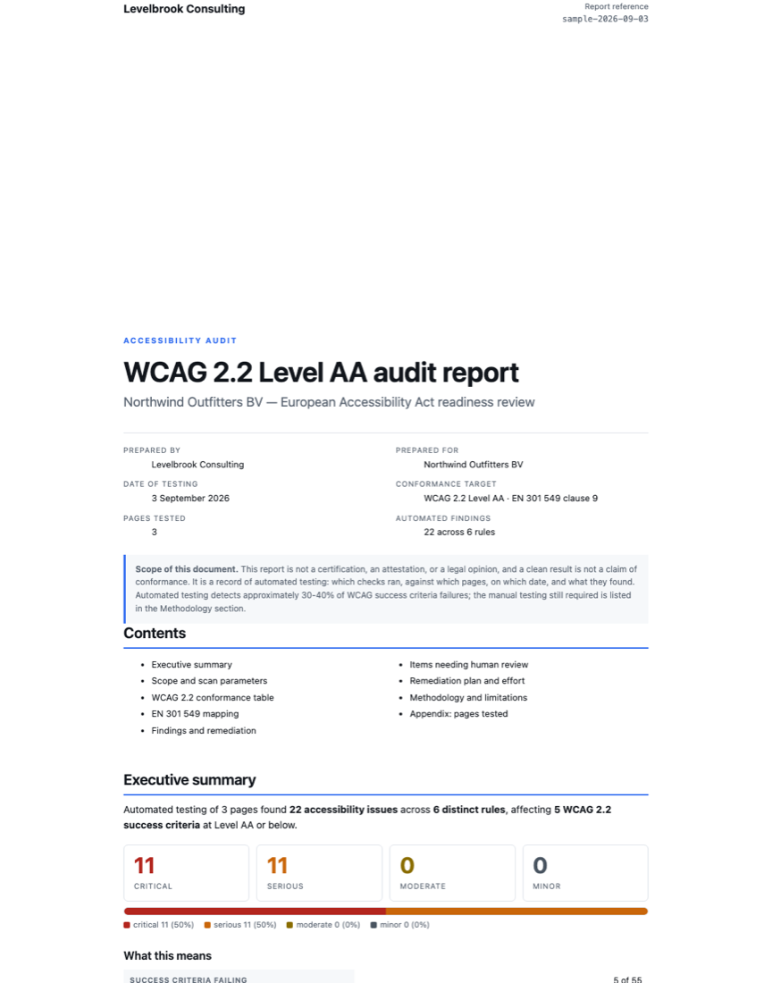 The cover page of a generated WCAG 2.2 Level AA audit report: prepared-by and
                prepared-for fields, the conformance target, a scope disclaimer, a contents list,
                and an executive summary with counts of critical, serious, moderate and minor
                findings.