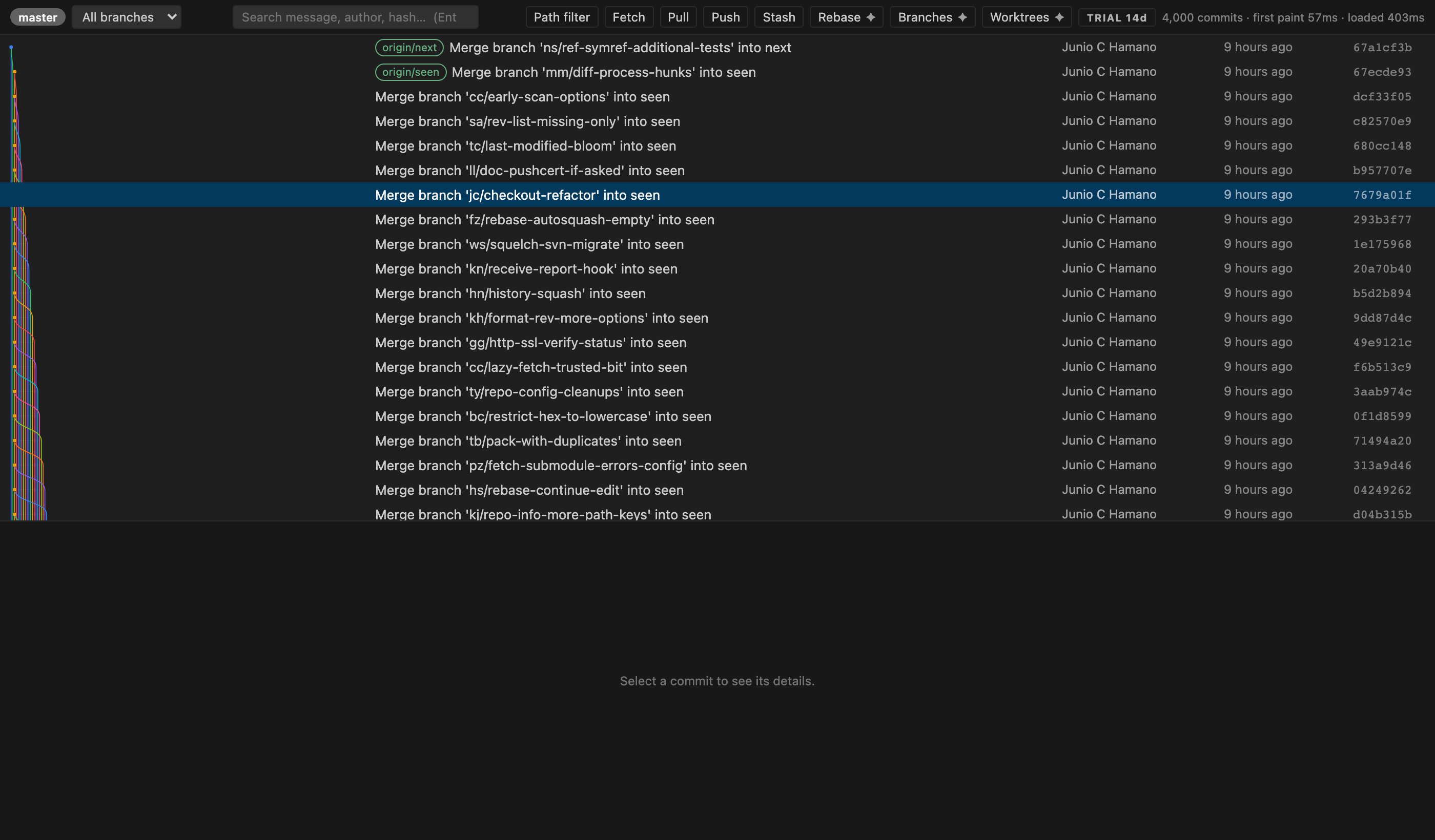 The Branchline commit graph on the git/git repository: coloured branch lanes in a
                dense gutter on the left, then commit subject, refs, author, date and short hash
                for each row, with one row selected. Dark theme.