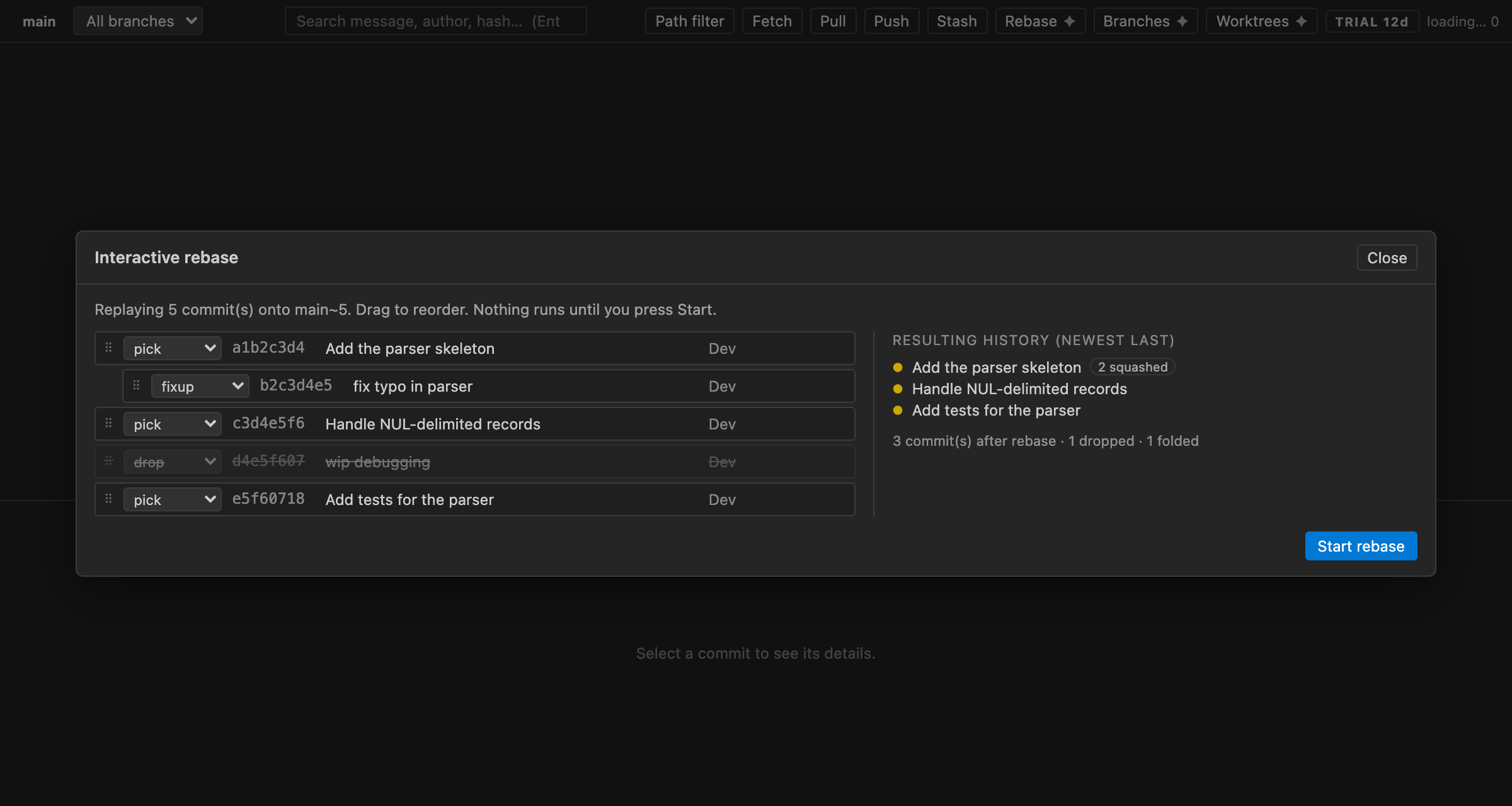 The Branchline interactive rebase editor: a list of commits with per-row actions
                including a fixup indented under its target and a dropped commit struck through,
                beside a live preview panel showing the resulting history.