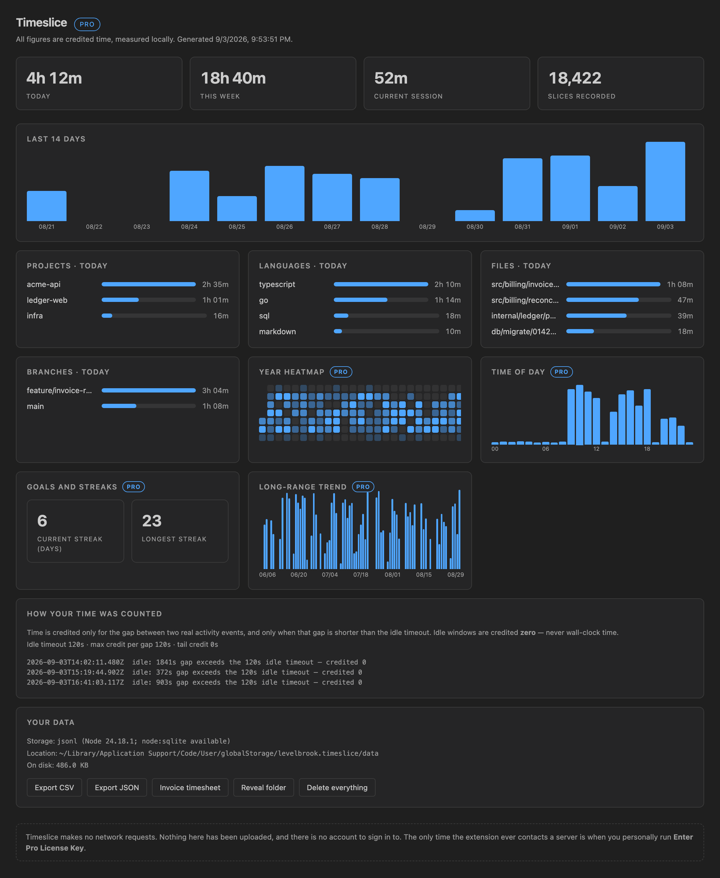 The Timeslice dashboard: total hours for today and this week, a fourteen-day
                activity chart, and breakdowns by project, language, file and git branch.